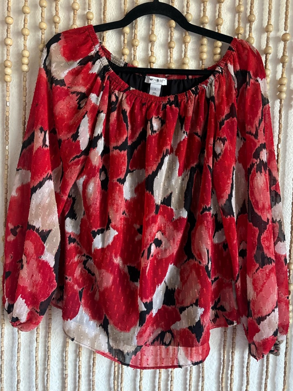 WHBM Floral Print Red Black Abstract Swiss Dot Long Sleeve Flowy Stretch Blouse